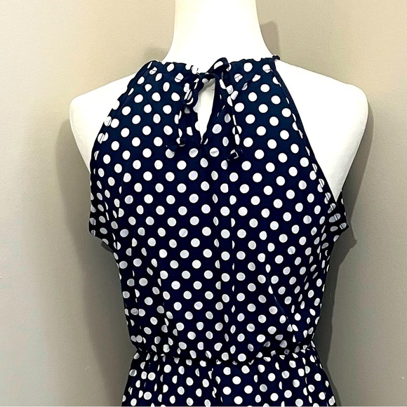 Claudia G Sleeveless Asymmetric‎ HalterTop Dress Womens M Navy White Dot NWOT - Picture 13 of 14